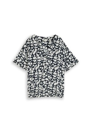 Schwarze kurzärmelige Bluse mit weißem abstraktem Blumenmuster, rundem Ausschnitt und leicht gerafftem Saum.