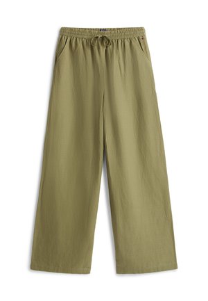 Light olive green wide-leg pants with elastic waistband and drawstring, side pockets, and small brand logo on right hip.