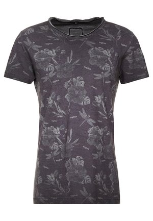 Mørkegrå T-shirt med korte ærmer med falmet blomster- og guldsmedemønster samt teksten "tigha" trykt over det hele.