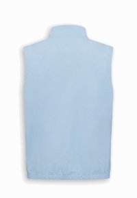 Hellblaues ärmelloses Weste mit hohem Kragen und elastischem Saum, von hinten auf weißem Hintergrund gezeigt.