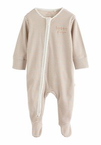 Koszulka typu onesie w miękkiej, beżowej bawełnie z zamkiem błyskawicznym z przodu i stopami pokrywającymi stopy. Posiada biały podszywany kołnierzyk oraz małą haftowaną ozdobę z napisem "happy".