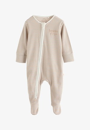 Puha, bézs színű pamut kockás rugdalózó elöl cipzárral és lábakkal ellátott talprészel. Fehér béléssel ellátott gallérral és kis "boldog" hímzéssel.