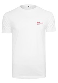 White cotton t-shirt with short sleeves. Features a red printed text on the left chest area. Simple crew neckline and relaxed fit.