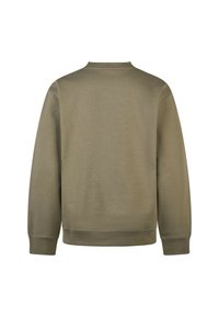 Olivengrüner Sweatshirt, Rundhalsausschnitt, lange Ärmel, weicher Stoff, gerippte Bündchen und Saum, minimalistisches Design ohne sichtbare Logos oder Muster.