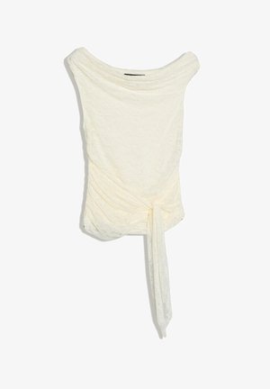Elfenbeinfarbene ärmellose Spitzenbluse mit weitem U-Boot-Ausschnitt und asymmetrischem, gerafftem Bindedetail an der Taille.