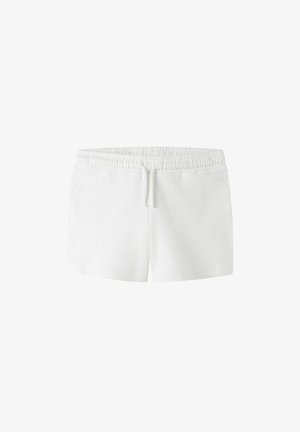 Weiße Shorts mit elastischem Bund und Kordelzug, schlichtes Design und lockerer Schnitt, geeignet für Freizeit oder Sport.