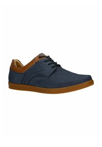 Scarpe blu con lacci e dettagli in pelle color tan. Presentano una texture liscia, punta rotonda e suola in gomma. Design semplice con cuciture minime.