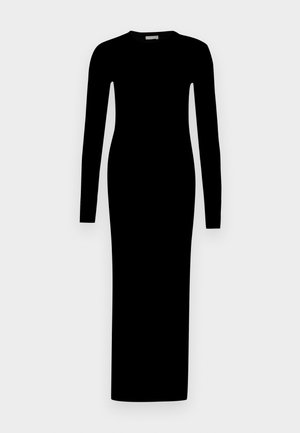 Černé dlouhé, přiléhavé maxi šaty s kulatým výstřihem a hladkým povrchem. Minimalistický design, žádné viditelné vzory nebo akcenty.
