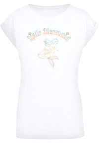 White cotton T-shirt with rolled sleeves, featuring a colorful cartoon mermaid design and "Little Mermaid" text above in vibrant colors.