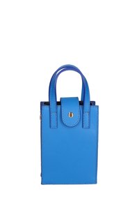 Mini borsa a tracolla in pelle blu con due manici corti, chiusura a bottone, forma rettangolare, texture liscia e dettagli di cucitura a contrasto.
