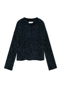 Tummanvihreä lyhyt neulepaita, jossa on pyöreä pääntie, pitkät hihat ja teksturoitu neulekuvio. Pehmeä kangas, joka on väljä istuvuudeltaan.