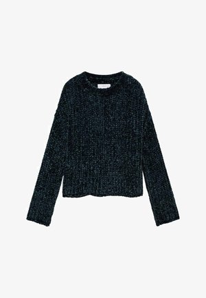 Dunkelgrüner, kürzer geschnittener Pullover mit rundem Halsausschnitt, langen Ärmeln und strukturiertem Strickmuster. Weicher Stoff mit lockerer Passform.