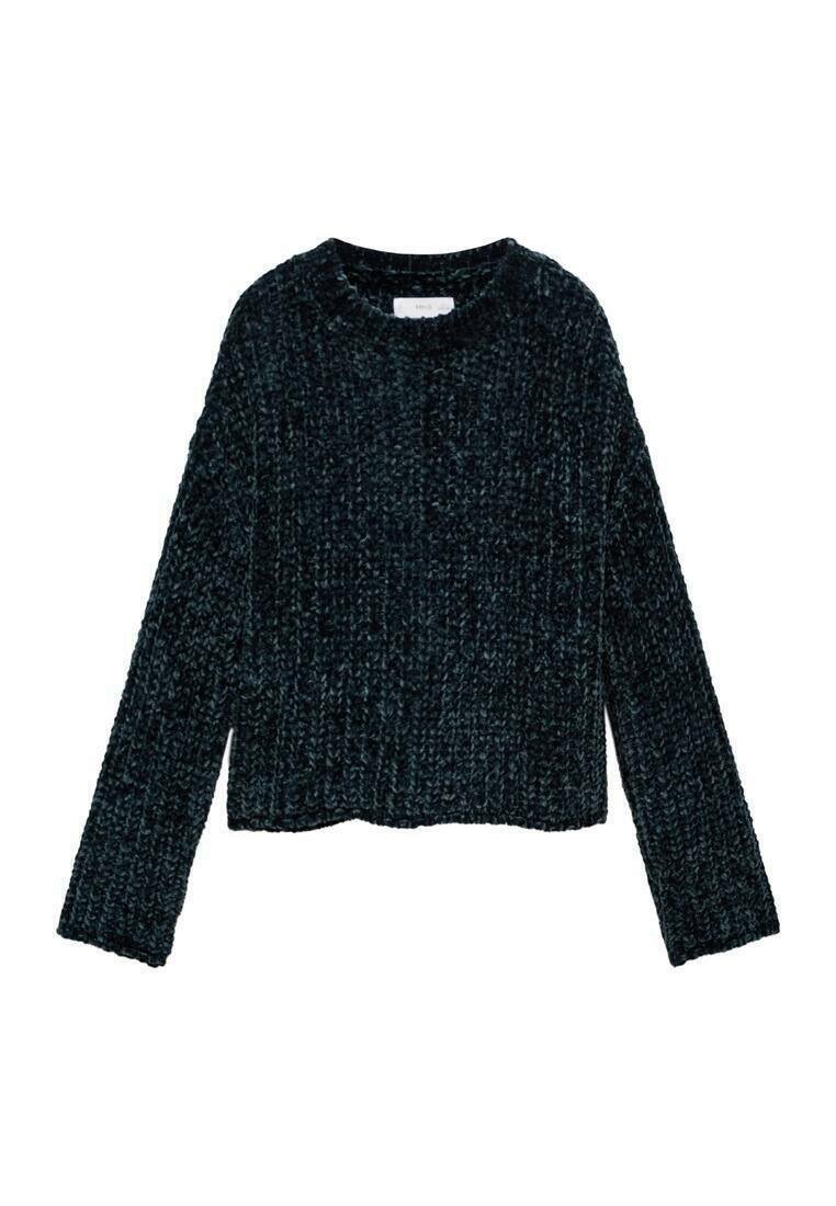 Tummanvihreä lyhyt neulepaita, jossa on pyöreä pääntie, pitkät hihat ja teksturoitu neulekuvio. Pehmeä kangas, joka on väljä istuvuudeltaan.