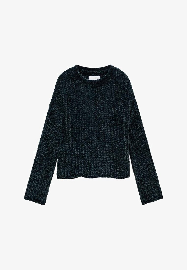 Tummanvihreä lyhyt neulepaita, jossa on pyöreä pääntie, pitkät hihat ja teksturoitu neulekuvio. Pehmeä kangas, joka on väljä istuvuudeltaan.