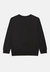 Sweatshirt preto com gola redonda, mangas longas e punhos canelados. O design é simples, com uma cor sólida e sem padrões visíveis.