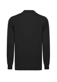 Sort strikket cardigan med en glat overflade, lange ærmer og uden knaplukning. Har en klassisk krave og ribbede manchetter.