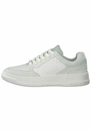 White sneakers made of leather and suede with a textured upper, featuring perforations, rounded toe, and a rubber sole. Accented with light green details.
