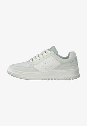 White sneakers made of leather and suede with a textured upper, featuring perforations, rounded toe, and a rubber sole. Accented with light green details.