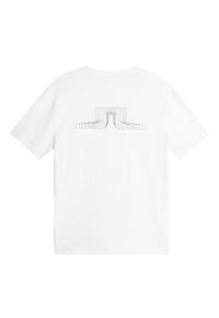 Vit bomull t-shirt med en minimalistisk grafisk design på ryggen, med lager av geometriska linjer som skapar en central fokuspunkt.