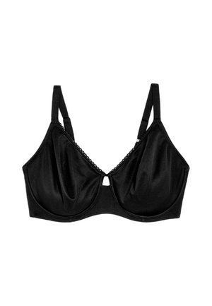 Schwarzer BH aus glattem Stoff, mit einem weichen Cup-Design, verstellbaren Trägern, Spitzenbesatz entlang des oberen Randes und einem kleinen Schlitzdetail in der Mitte.