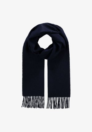 Eșarfă bleu marin dintr-un material moale, cu capete franjurate și o textură netedă. Designul este o formă dreptunghiulară simplă și clasică.