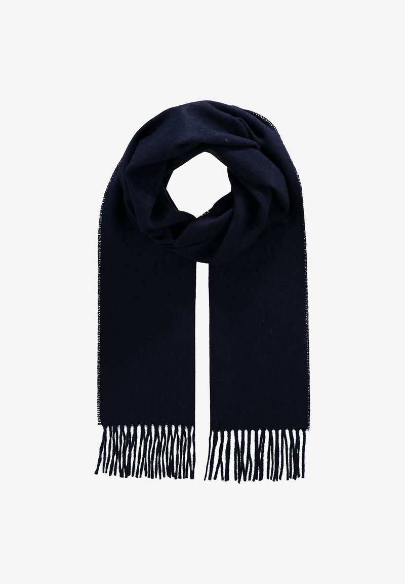 Mornarsko modra šal iz mehke tkanine, ki ima resaste konce in gladko teksturo. Oblikovanje je preprosta, klasična pravokotna oblika.