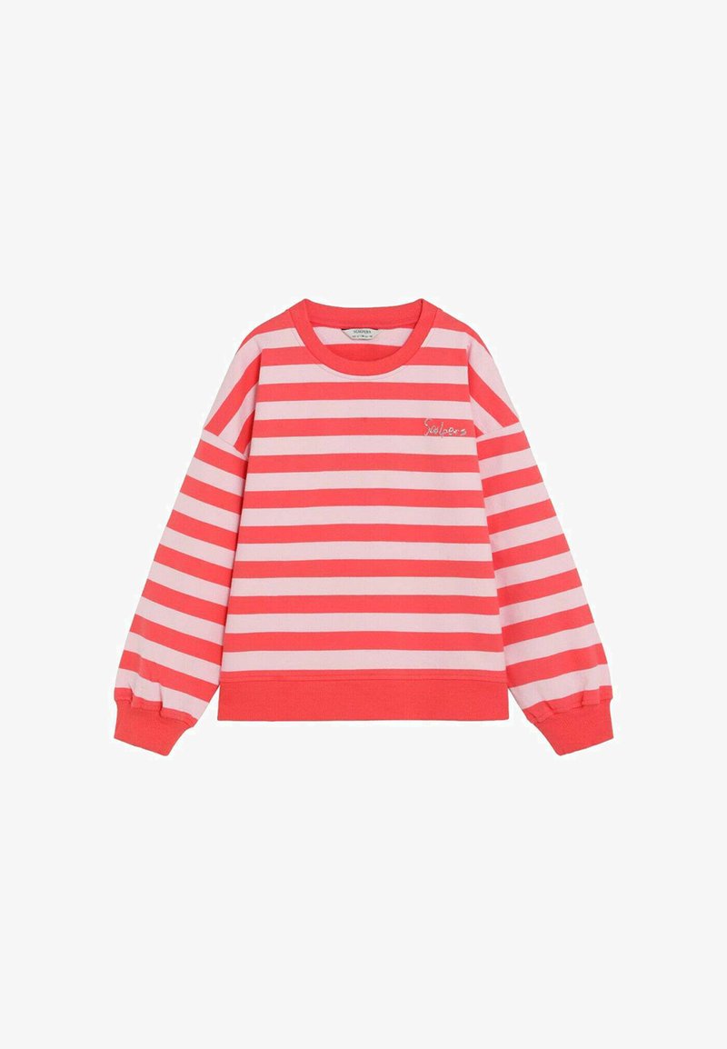 Pull à manches longues avec rayures horizontales rouges et roses, encolure ronde et petit texte blanc brodé sur le haut du côté gauche de la poitrine.