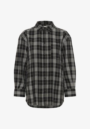 Cămașă cu print pied-de-poule alb-negru, cu mâneci lungi, dotată cu un buzunar pe piept și o margine curbată. Fabricată dintr-un material moale.