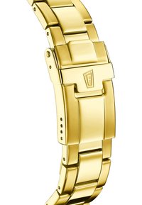 Zelta metāla pulksteņa siksna ar pulētu apdari un matētām segmentiem, aprīkota ar drošu uzsaktas aizdari un regulējamiem posmu caurumiem.