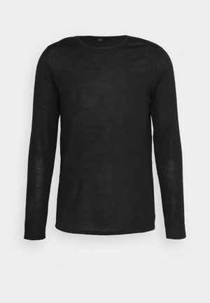 Maglietta nera a maniche lunghe realizzata in tessuto leggero, presenta un classico collo rotondo, con una texture liscia e leggermente trasparente e senza motivi visibili.