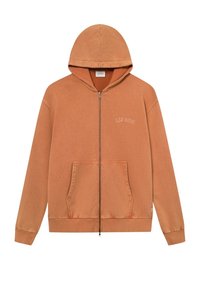 Sweat à capuche zippé en orange brûlé délavé avec poches devant et texte "LES DEUX" sur la poitrine gauche.