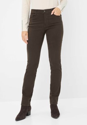 Dunkelbraune, schmal geschnittene Hosen aus weichem, dehnbarem Material. Verfügt über fünf Taschen, einen Knopfverschluss und ein Knöchellanges Design.