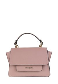 Borsa in pelle rosa con un design strutturato, manico superiore e patta pieghevole. Finiture in oro e logo in rilievo sulla parte anteriore.