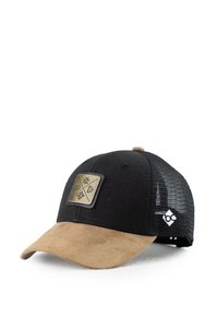 Black mesh cap with a tan suede brim, featuring a square patch with a geometric design and logo on the side. Textured fabric detail.
