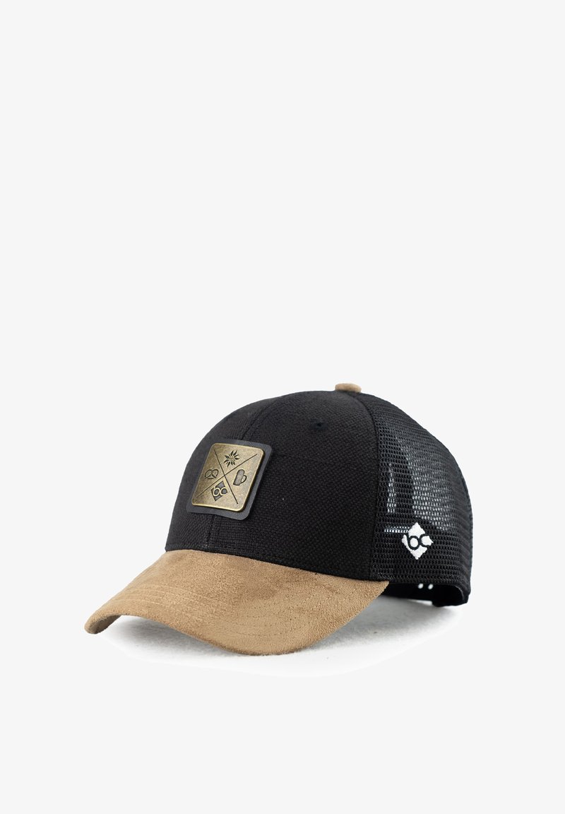 Black mesh cap with a tan suede brim, featuring a square patch with a geometric design and logo on the side. Textured fabric detail.