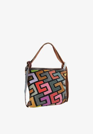 Kleurrijke patchwork schoudertas met een geometrisch patroon van in elkaar grijpende hoekige vormen in oranje, roze, groen, paars en zwart.