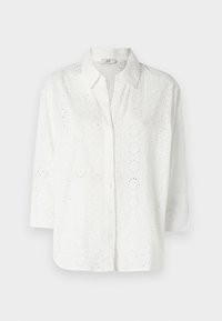 White button-up shirt made of embroidered fabric with eyelet cutouts, featuring a collar and three-quarter sleeves.