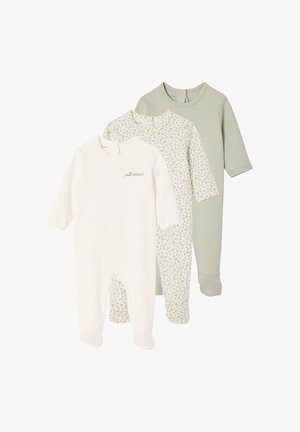 Three baby footed pajamas in pastel green, floral pattern, and white with "petit amour" text on the chest.