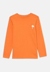 Long-sleeve orange t-shirt made from soft fabric. Features a small white mushroom graphic on the left chest and a crew neckline.