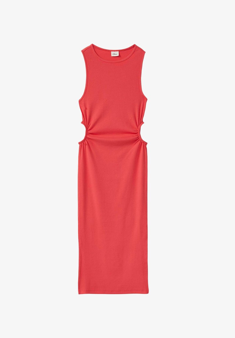 Robe midi corail sans manches avec un col rond et des détails découpés élastiques à la taille de chaque côté, ourlet droit.