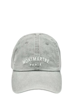 Jasnoszara czapka bejsbolowa z białym haftem tekstu "Montmartre Paris" na środku z przodu.