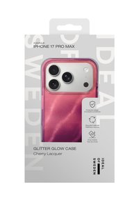 Glitzerndes Leuchtgehäuse für iPhone 17 Pro Max mit rosa Lackierung, glitzernder Textur und schützendem Design. Verpackung enthält Symbole.