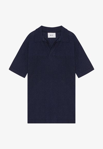 Mørkeblå kortermet polo skjorte med klassisk krage, laget av et teksturert stoff, som har et subtilt design uten ekstra detaljer.