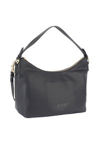 Zwarte leren schoudertas met een afgeronde vorm, een gouden ritssluiting en een met goudaccenten versierde riem. Voorzien van een reliëflogo aan de voorkant.