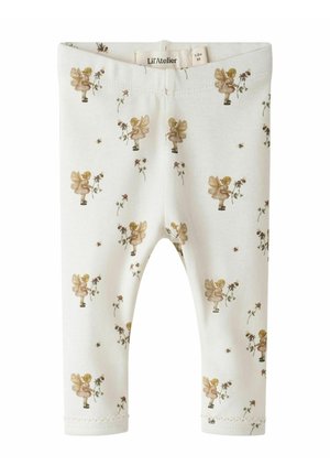 Weißes Leggings mit floralem Muster, das illustrierte Feen und Bienen zeigt, weicher Stoff, elastischer Bund und genähte Säume.