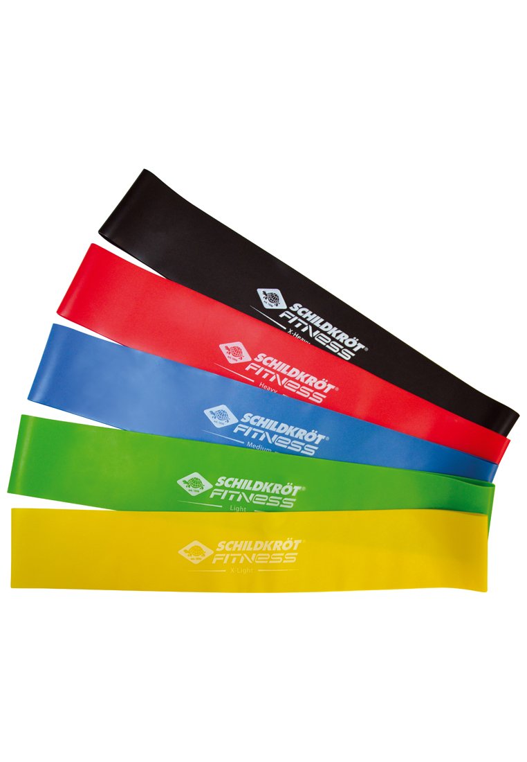 Juego de cinco bandas de resistencia en diferentes colores: negro, rojo, azul, verde y amarillo. Cada banda presenta una marca impresa y diferentes grosores.