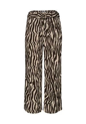 Pantaloni a vita alta e gamba larga con stampa zebra nera e beige e cintura abbinata con fibbia rettangolare.