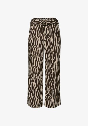 Pantalon taille haute à jambes larges avec imprimé zèbre noir et beige et ceinture assortie avec boucle rectangulaire.