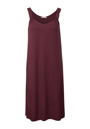 Vestito senza maniche color bordeaux con scollatura a barca, dettagli in metallo arricciati sulle spalline e taglio dritto per una vestibilità rilassata.