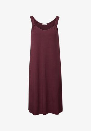 Bordeaux mouwloze jurk met een ronde halslijn, geplooide hardwaredetails op de banden en een rechte snit voor een ontspannen pasvorm.
